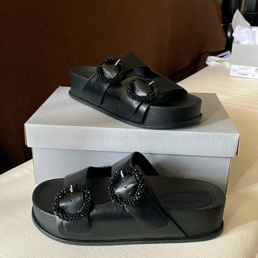 2inch platform foot bed style sandals, Glittery stone like adjustable tab.